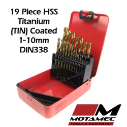 Motamec 19 Piece Titanium HSS Drill Bits Set 1-10mm High Quality DIN338 Metal Case Kit