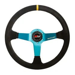 Motamec Pro Rally Steering Wheel Deep Dish 3 Spoke 350mm Black Suede Blue Spoke